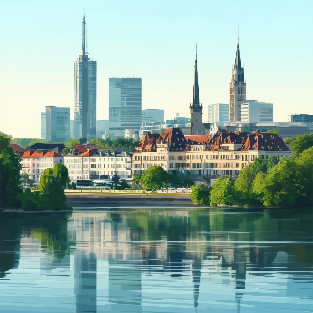 Professional Frankfurt Skyline Illustration: Serene lakefront setting with lush greenery prominent building in the foreground featuring calming colors such as White ffffff Orange ec6707 Blue 1398f8 Dark Gray 595857 Light Gray a6a7a8.