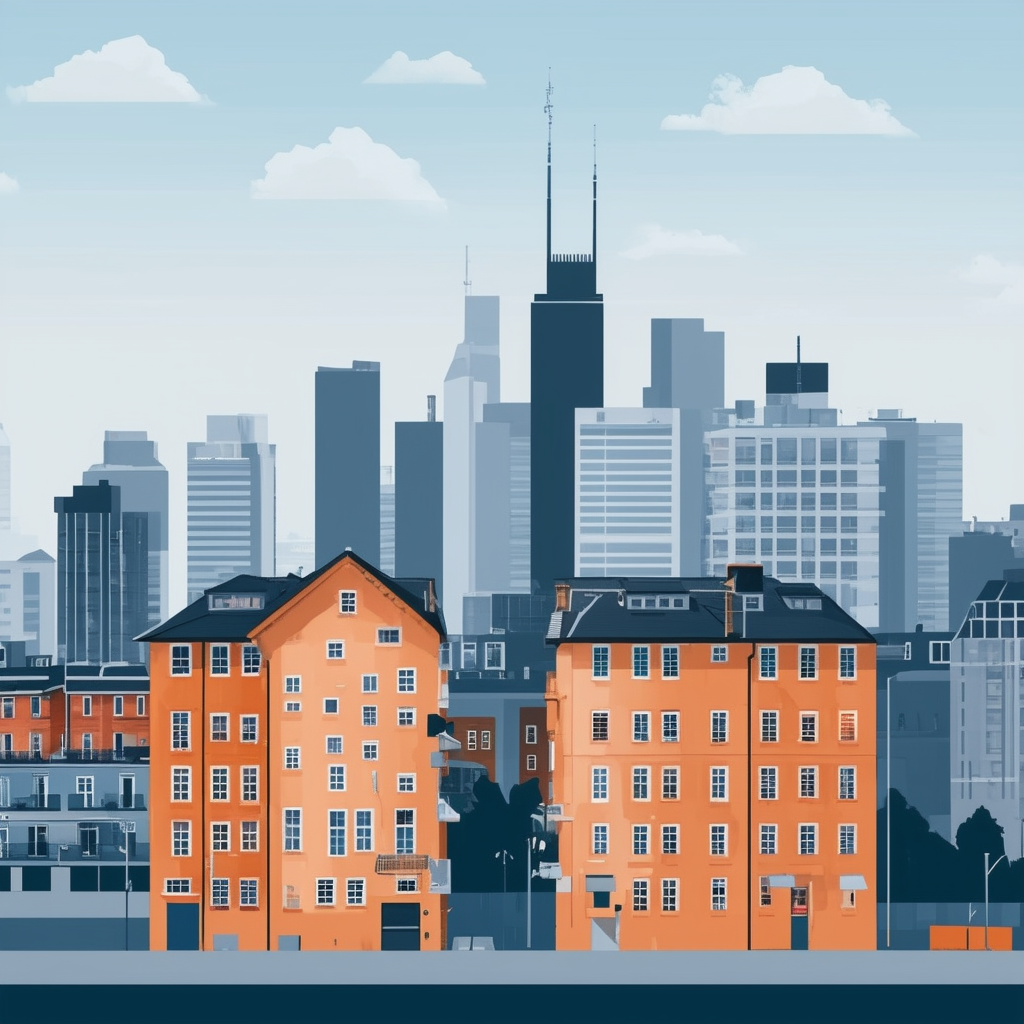 Practical Tips for Renting Out Properties: Frankfurt am Main Cityscape Illustration - A flat vector illustration of a Frankfurt am Main cityscape with a prominent building in the foreground showcasing the importance of practical tips for renting out proper