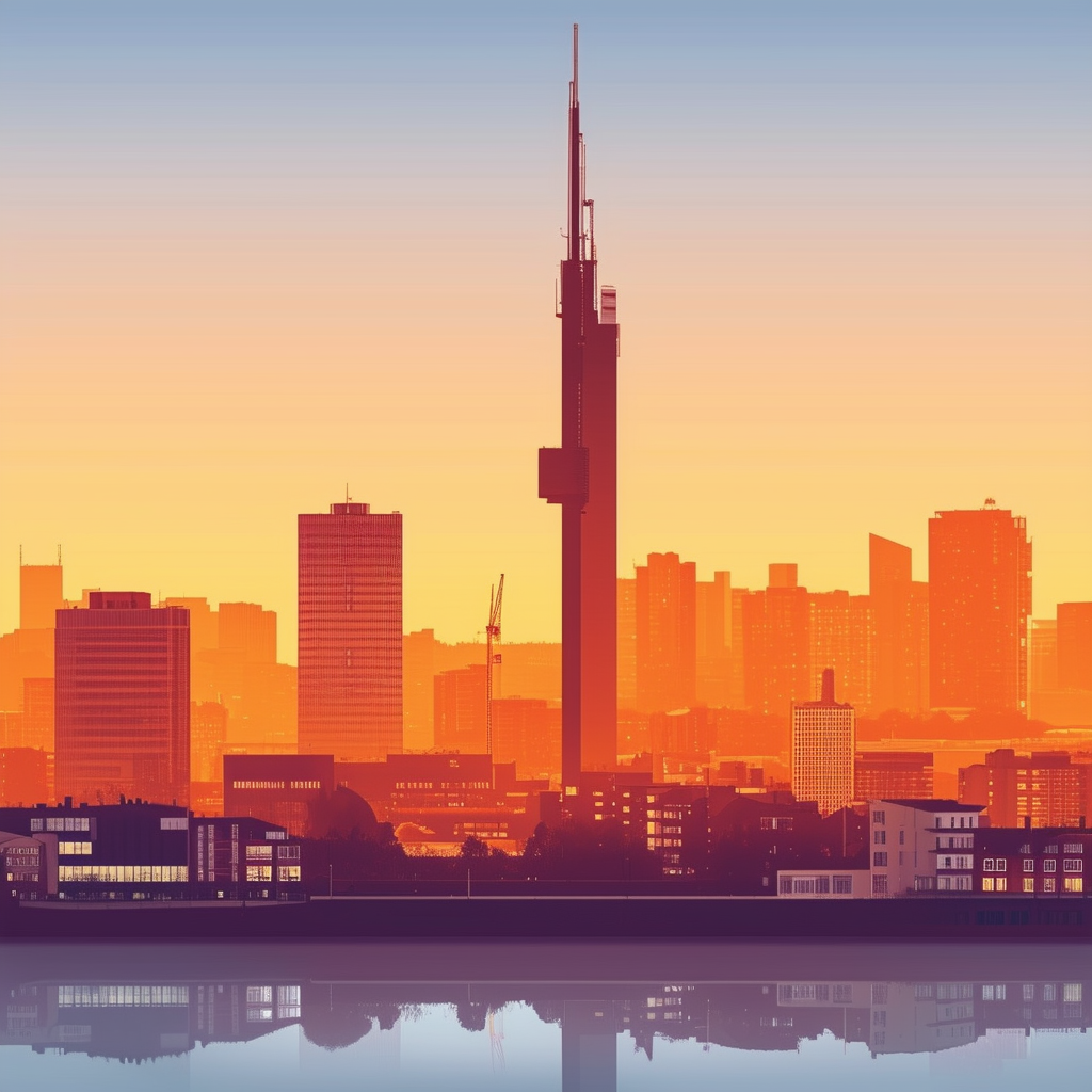 Professional property valuation illustration: Frankfurt skyline with prominent building gradient effect transitioning from white ffffff to orange ec6707 emphasizing accuracy for commercial properties Gewerbeimmobilien in Frankfurt am Main.