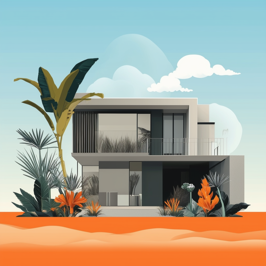 Modern dream home illustration: serene landscape plants clouds gradient effect soft blue 1398f8 white ffffff orange ec6707 dark gray 595857 light gray a6a7a8 background.