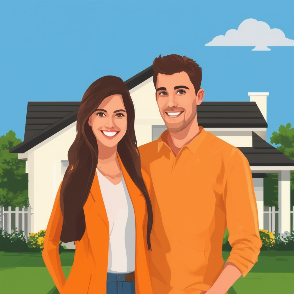 Successful House Sale: Smiling Couple in Front of Their New Home Surrounded by Lush Greenery Sunny Sky Orange ec6707 Blue 1398f8 Dark Gray 595857 Light Gray a6a7a8 Accents.