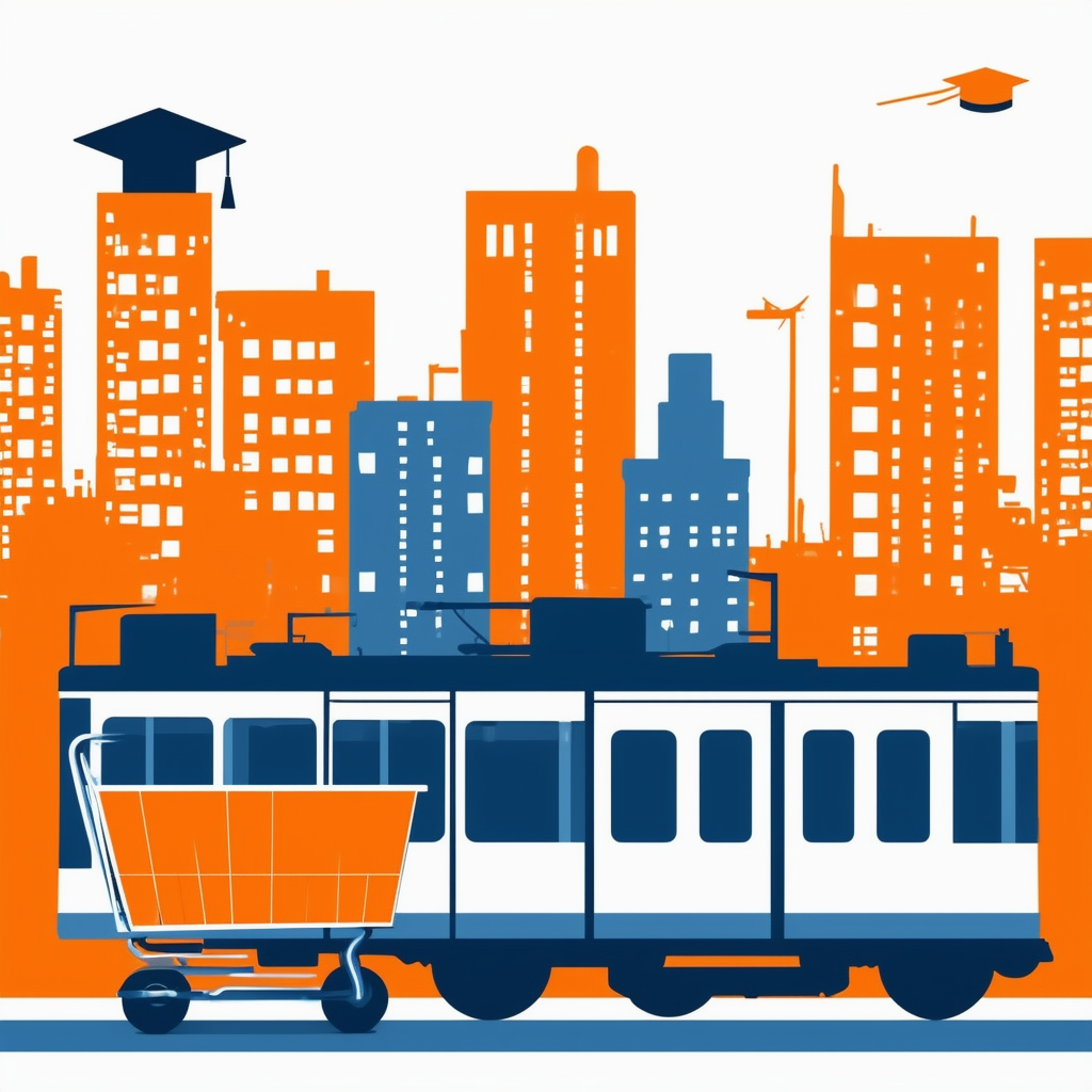 Flache Vektorillustration einer vereinfachten Stadtlandschaft mit Symbolen fuer oeffentlichen Verkehr Einkaufswagen und Doktorhut die wichtige Faktoren bei der Wohnungssuche darstellen. Moderne Farbpalette in Weiss Orange Blau und Grautoenen.