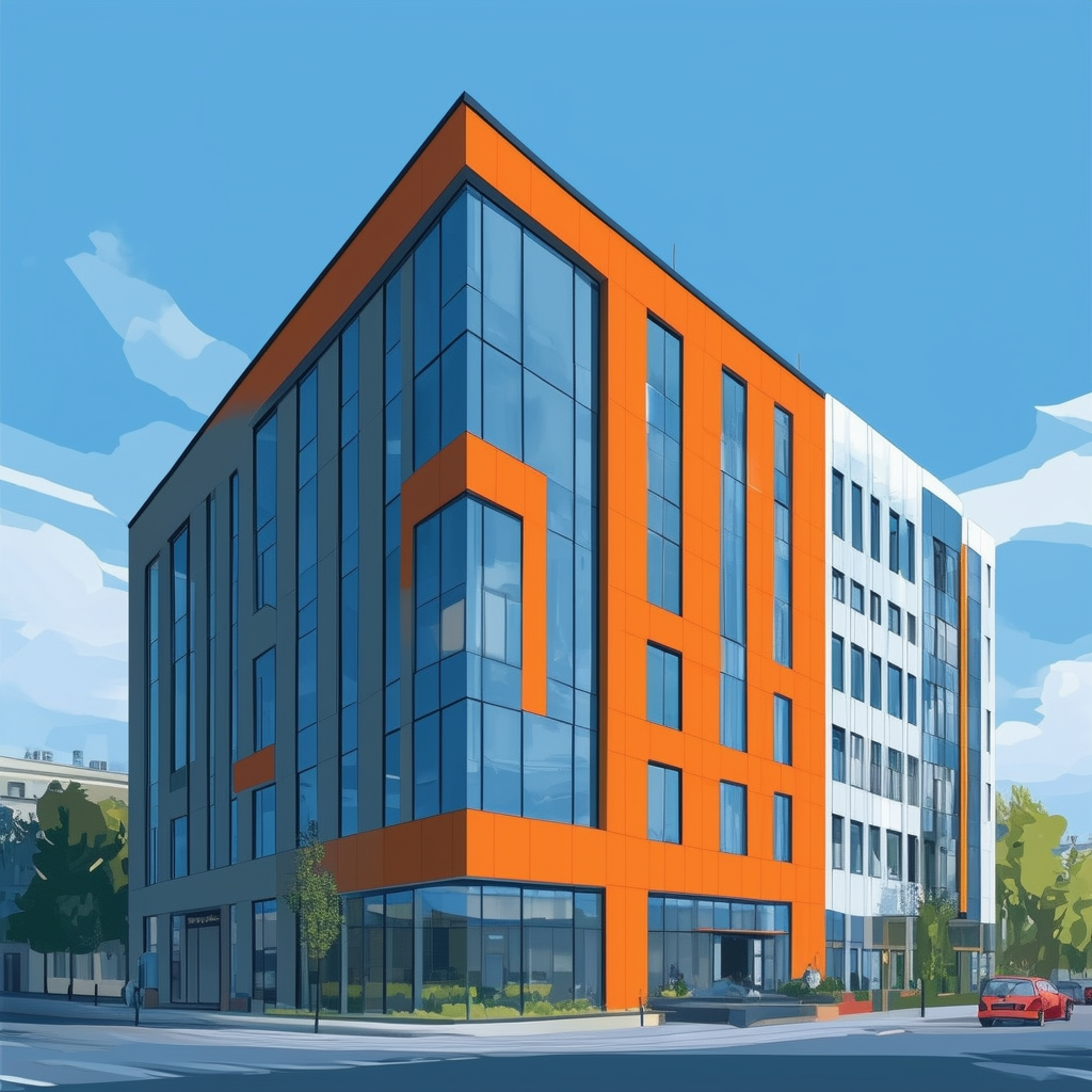 Modern office building in Frankfurt am Main Germany with sleek lines and bright colors set against a blue sky background featuring hex codes: White ffffff Orange ec6707 Blue 1398f8 Dark Gray 595857 Light Gray a6a7a8.