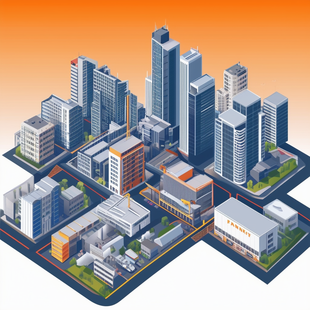 High-quality flat vector illustration of Frankfurt skyline showcasing commercial buildings with diverse office spaces warehouses retail areas and vibrant urban landscape set against an uplifting gradient transition from white ffffff to orange ec6707 repres