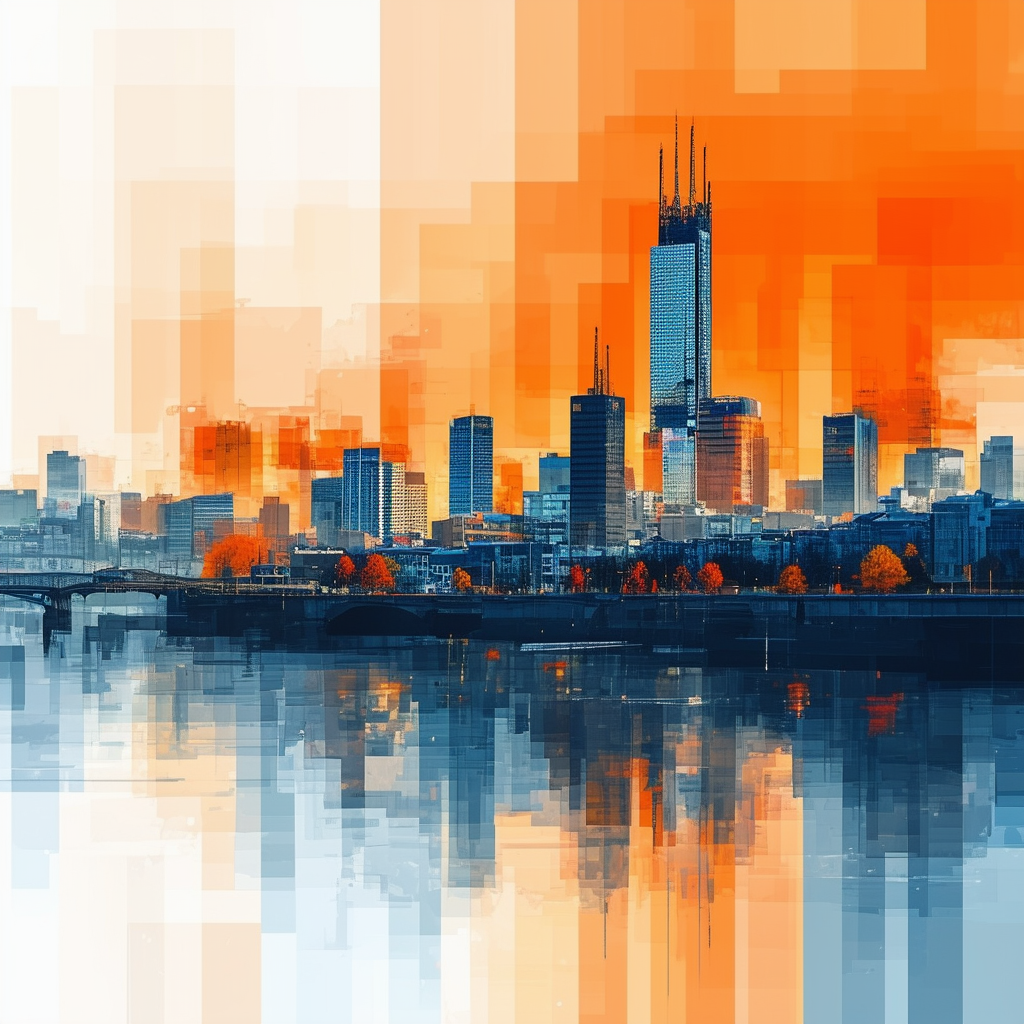 High-quality vector illustration showcasing Frankfurts skyline with iconic buildings like Main Tower  Roemerberg abstract shapes representing dynamic market residential units commercial spaces infrastructure calming colors: White ffffff Orange ec6707 Blue