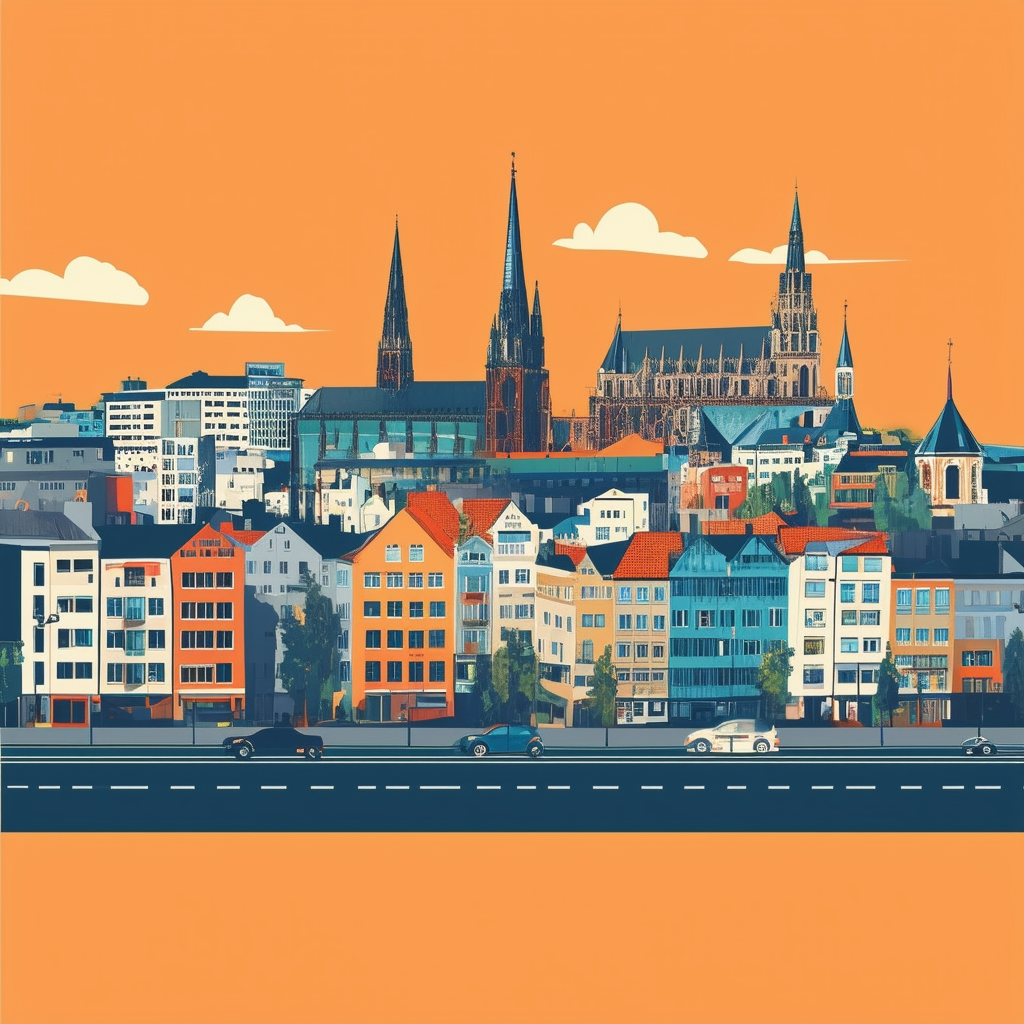 High-quality flat vector illustration showcasing Frankfurts vibrant cityscape blending modern architecture historical landmarks green spaces roads and urban infrastructure featuring hex colors ec6707 orange 1398f8 blue 595857 dark gray a6a7a8 light gray an