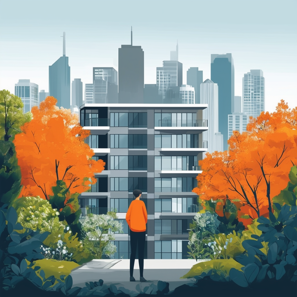 High-quality flat vector illustration of a thoughtful person standing in front of modern apartment building surrounded by lush greenery cityscape view in the background symbolizing balance between urban living and nature serene atmosphere growth harmony wh