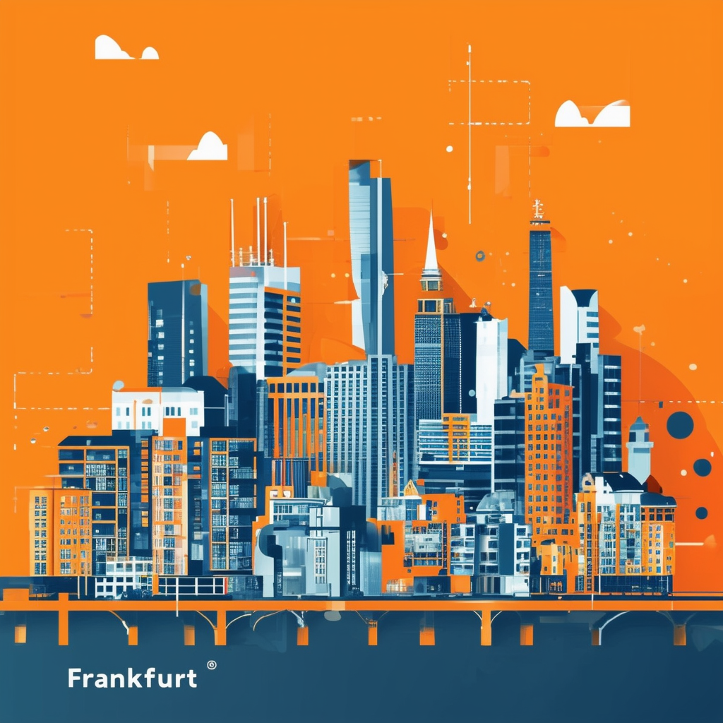 High-quality visually appealing flat vector illustration of Frankfurts skyline featuring iconic buildings and landmarks surrounded by abstract shapes representing the methods of property valuation comparative value method and income approach showcasing gra