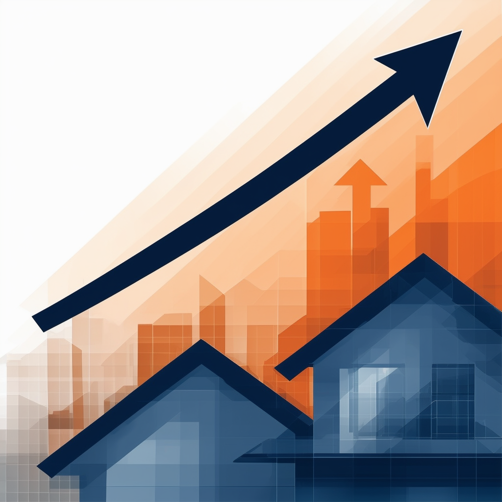 Rising arrow symbolizing increased property value set against gradient background transitioning from White ffffff to Orange ec6707 with subtle texture elements geometric patterns incorporating Dark Gray 595857 Light Gray a6a7a8 Blue 1398f8. Growth optimism