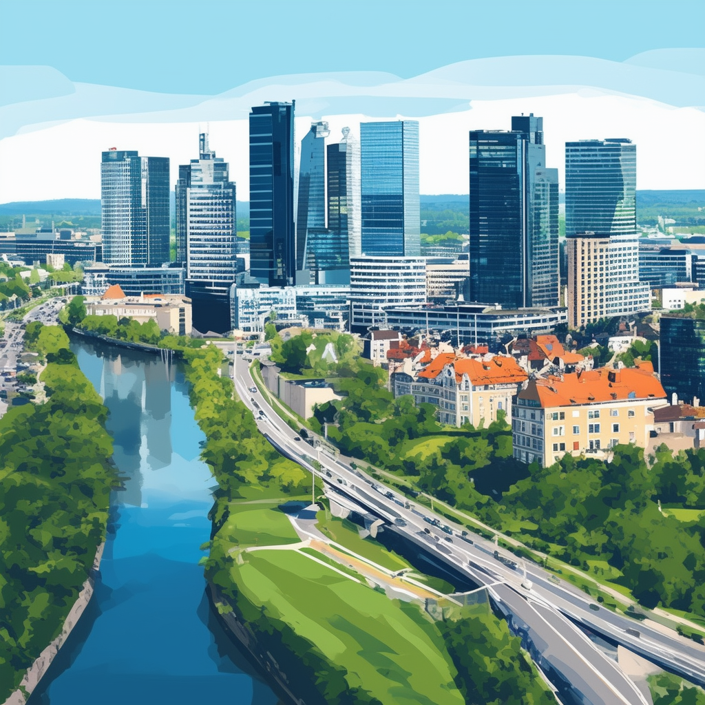 Modern cityscape illustration of Frankfurt am Main Germany featuring skyscrapers green spaces river investment opportunities in real estate bold lines bright colors: White ffffff Orange ec6707 Blue 1398f8 Dark Gray 595857 Light Gray a6a7a8.