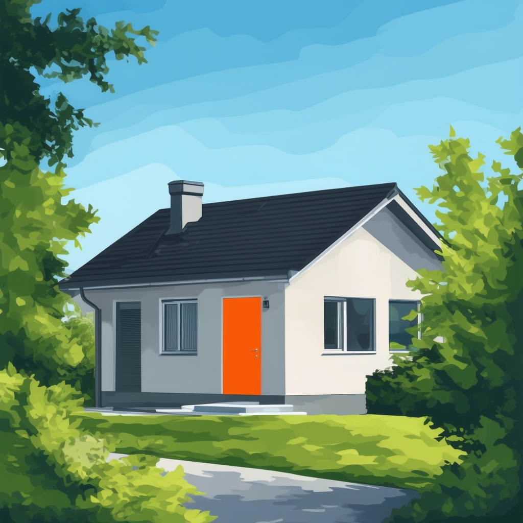 A serene blue sky serves as the backdrop for this enchanting flat vector illustration of a house with an inviting bright orange door surrounded by lush greenery showcasing effective home staging techniques for a quick sale in Frankfurt am Main. Hex colors: