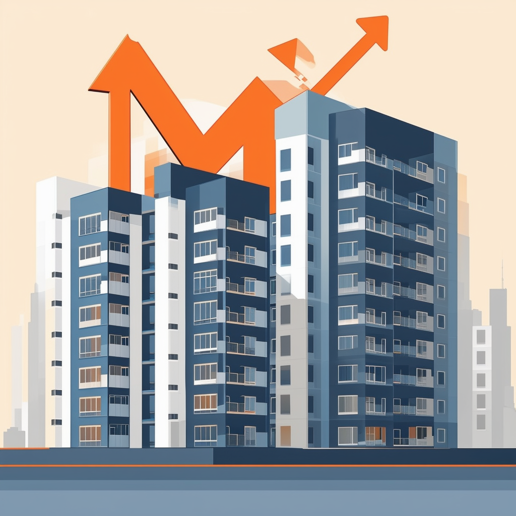 Modern Frankfurt apartment building illustration upward arrow symbolizing growth gradient effects in white orange blue dark gray light gray.