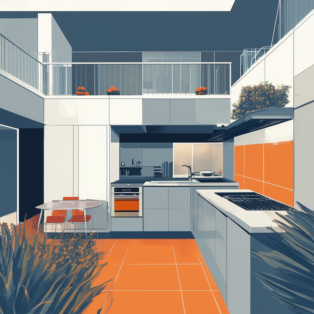 Eine moderne komfortable Wohnumgebung mit integrierter Kueche und Balkon in Weiss Orange Blau Dunkelgrau und Hellgrau - ein Vektor-Illustration fuer urbanes Wohnen mit hochwertigen Annehmlichkeiten.