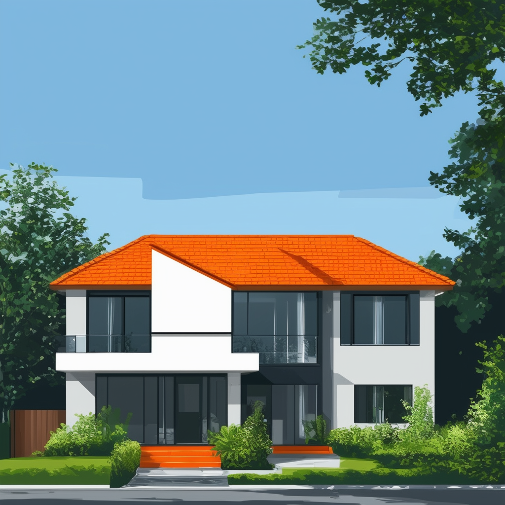 Modern house with bright orange roof surrounded by lush greenery symbolizing growth  prosperity set against calming blue sky conveying trustworthiness professionalism optimism White ffffff Orange ec6707 Blue 1398f8 Dark Gray 595857 Light Gray a6a7a8.