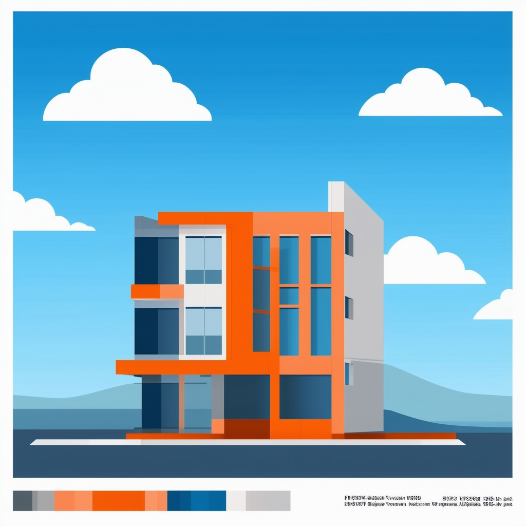 Modern architecture building illustration sleek design gradient effect bright blue sky with white clouds incorporating hex colors: White ffffff Orange ec6707 Blue 1398f8 Dark Gray 595857 Light Gray a6a8a8.