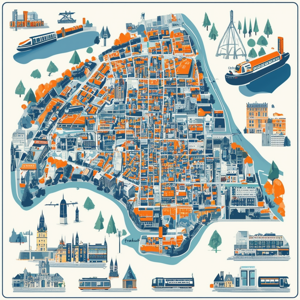 High-quality vector illustration of Frankfurt city map showcasing neighborhoods districts public transportation icons schools shopping areas parks restaurants cultural institutions and other amenities that enhance the quality of life in this vibrant metrop