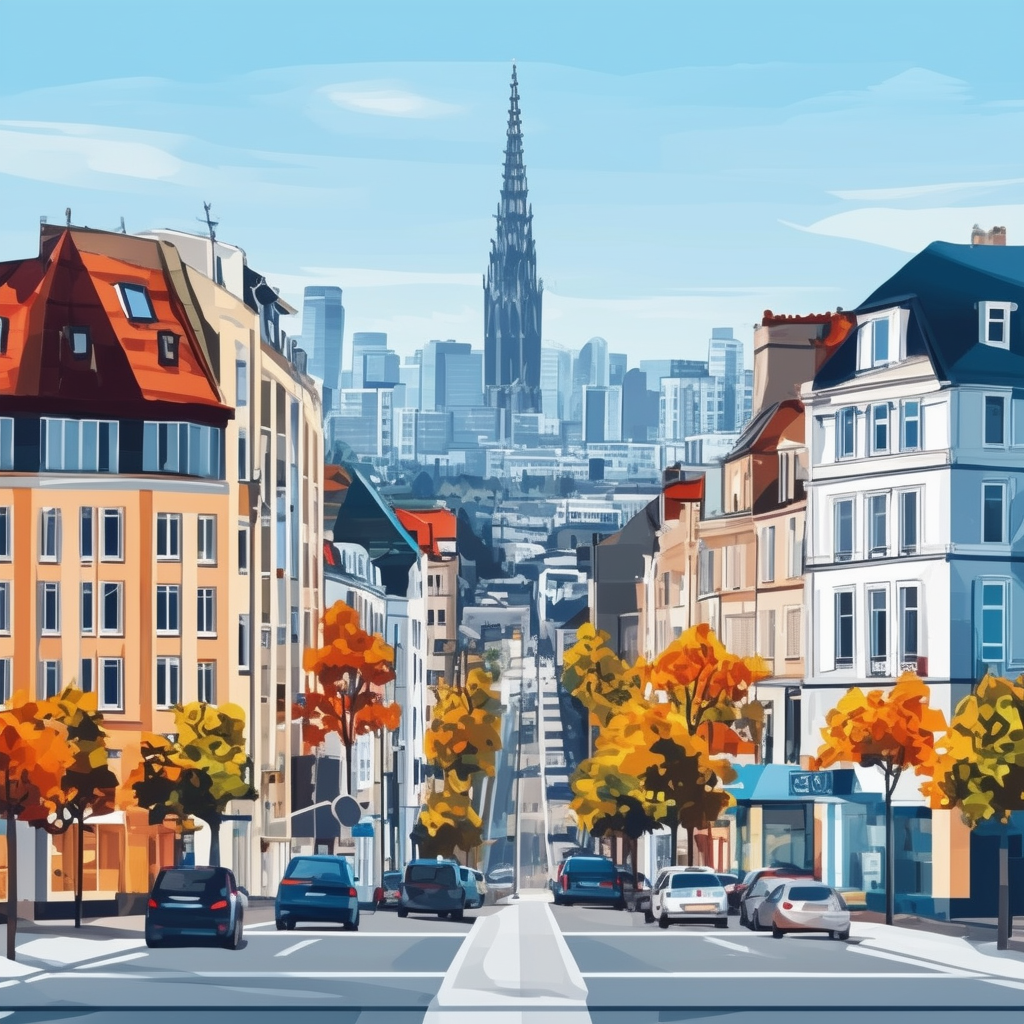 Alt Text: Flatten vector illustration of Immobilienkauf in Frankfurt showcasing the citys skyline with modern buildings and streets highlighting Hauskauf Beratung Frankfurt Immobilienmakler Frankfurt Valuvis GmbH Immobilien Immobilienfinanzierung Frankfurt