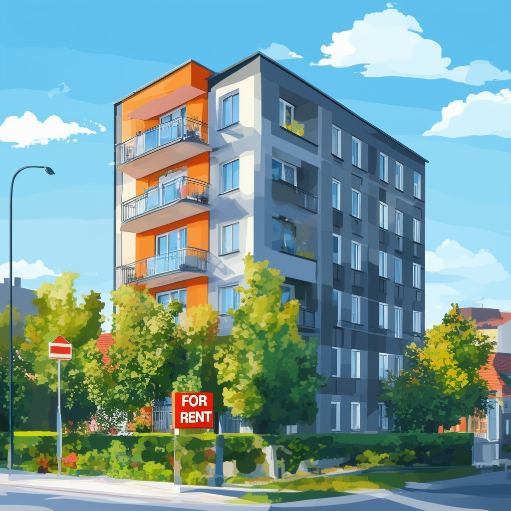 Modern Frankfurt apartment building with prominent For Rent sign surrounded by lush greenery and urban life set against bright blue sky with subtle cloud formations incorporating White ffffff Orange ec6707 Blue 1398f8 Dark Gray 595857 Light Gray a6a7a8.