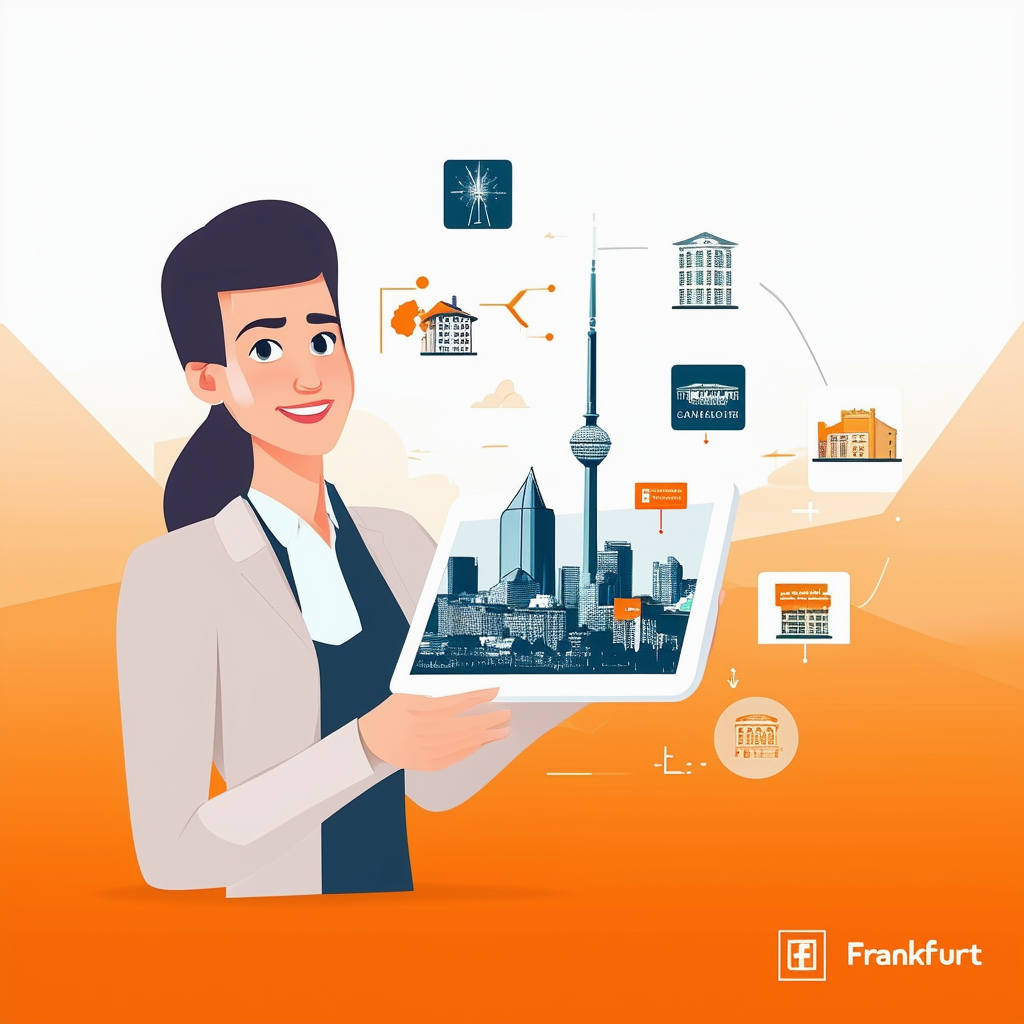 Professional real estate agent showcasing Frankfurts skyline on tablet emphasizing experience expertise transparency and detailed reporting through accompanying icons set against a gradient background transitioning from white ffffff to orange ec6707 exudin