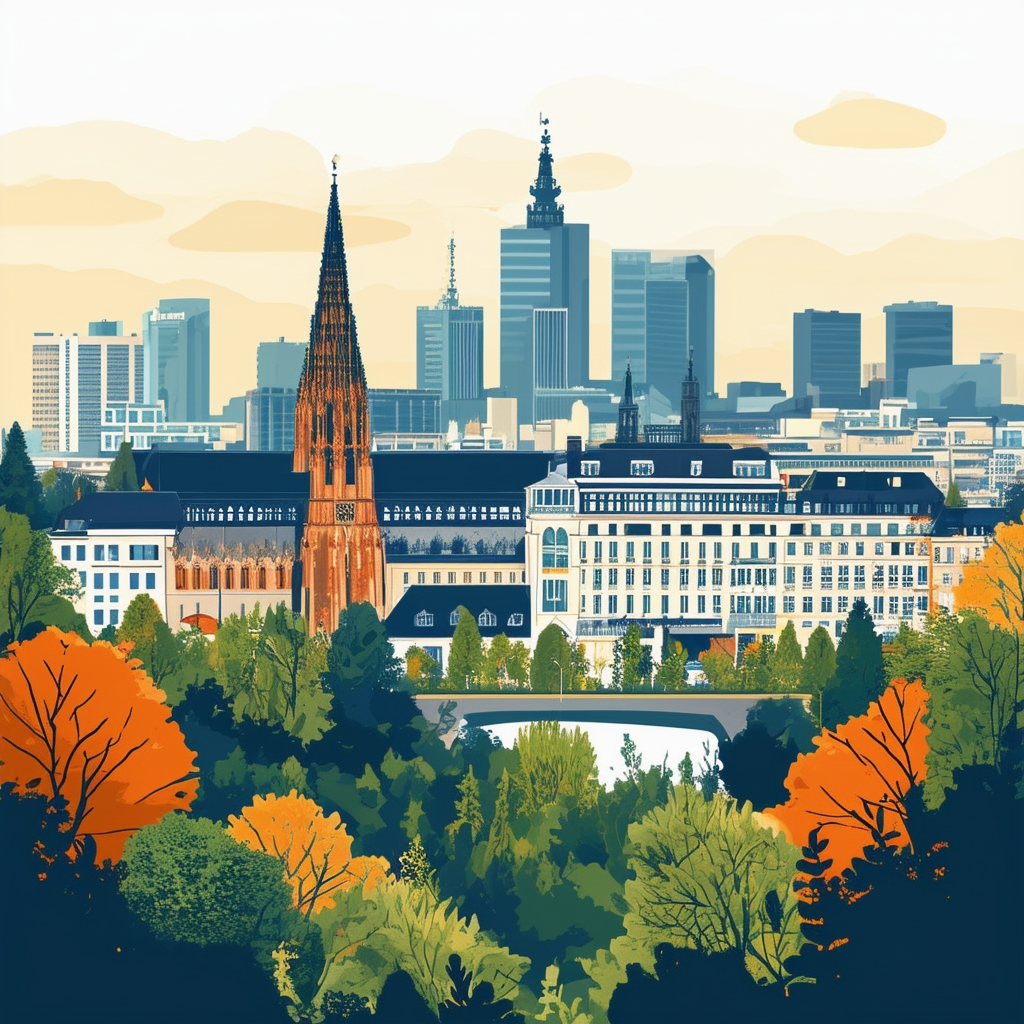 Professional Frankfurt cityscape illustration featuring a prominent building in the foreground surrounded by lush greenery vibrant colors White ffffff Orange ec6707 Blue 1398f8 Dark Gray 595857 Light Gray a6a7a8 symbolizing trustworthiness professionalism