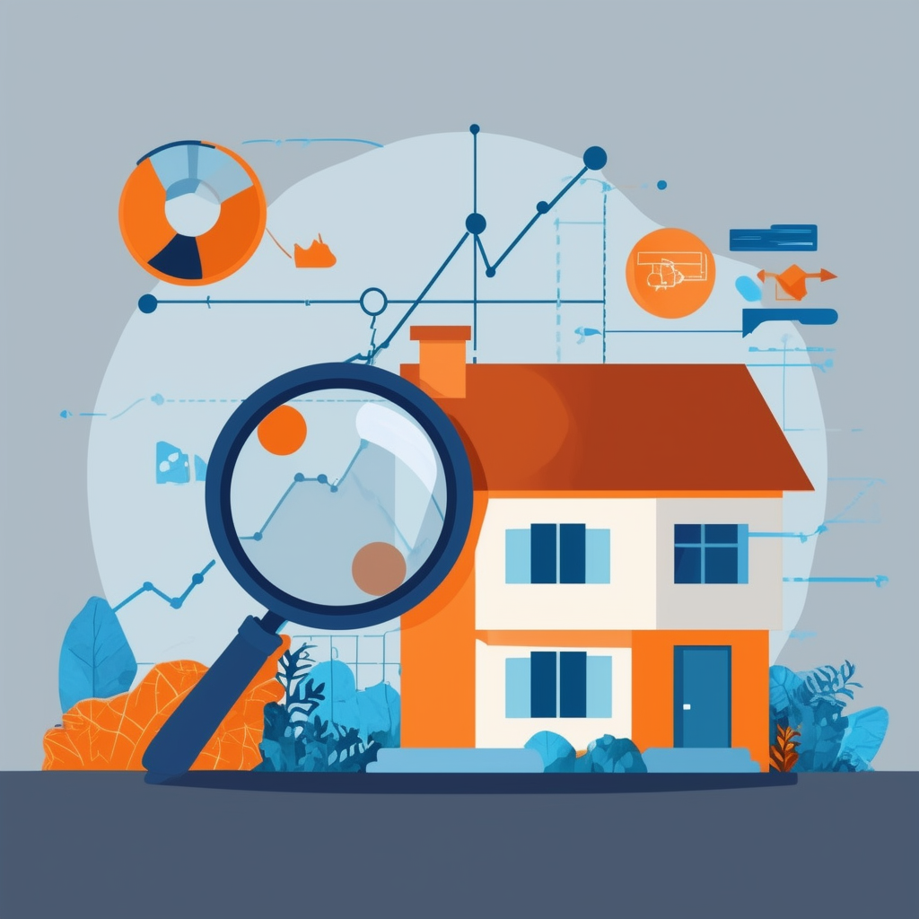 High-quality vector illustration showcasing the significance of market analysis featuring a house symbol accompanied by icons representing online tools professional assistance set against a gradient background transitioning from light gray a6a7a8 to dark g