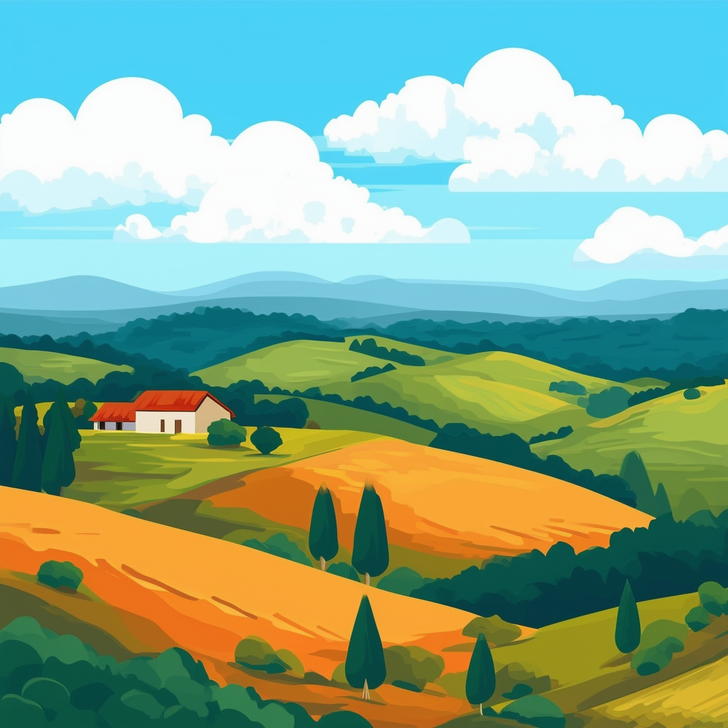 Serene Countryside Landscape mit bewaldeten Huegeln einem entfernten Bauernhof und weichen Wolken am blauen Himmel beleuchtet durch warme Orange-Toene graue Schatten und Subtilitaet der Texturen.