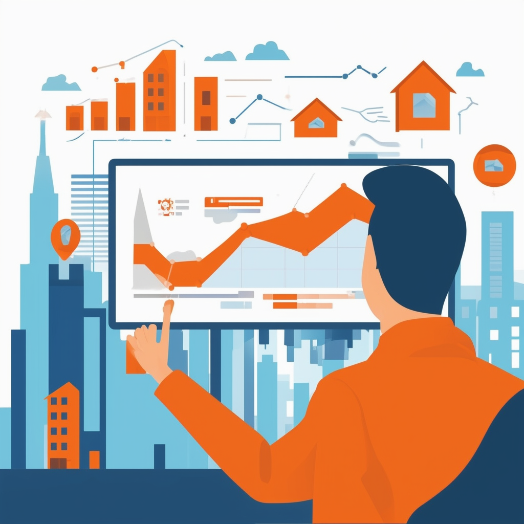 Eine flache Vektorillustration einer Person die einen grossen Graphen mit Trends des Wohnungsmarktes analysiert mit Symbolen fuer Haeuser und Wohnungen in einer Stadtlandschaft. Farbpalette in Weiss Orange Blau Dunkelgrau und Hellgrau fuer eine moderne inf