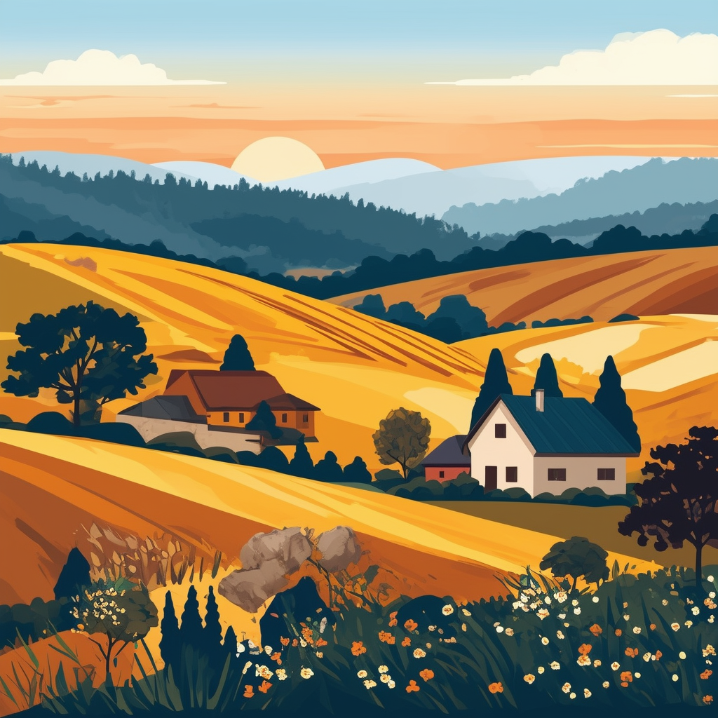 Serene countryside landscape with rolling hills rustic houses lush greenery symbolizing rural property evaluation set against warm orange ec6707 sky at sunset soft blue 1398f8 dark gray 595857 tree silhouettes light gray a6a7a8 stone walls white ffffff clo