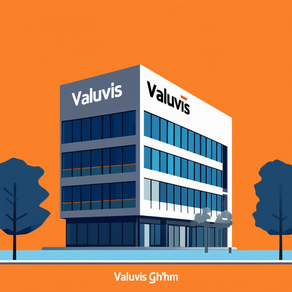 Modern office building illustration featuring prominent logo Valuvis GmbH bold font bright orange ec6707 background light gray a6a7a8 dark gray 595857 blue accents 1398f8.