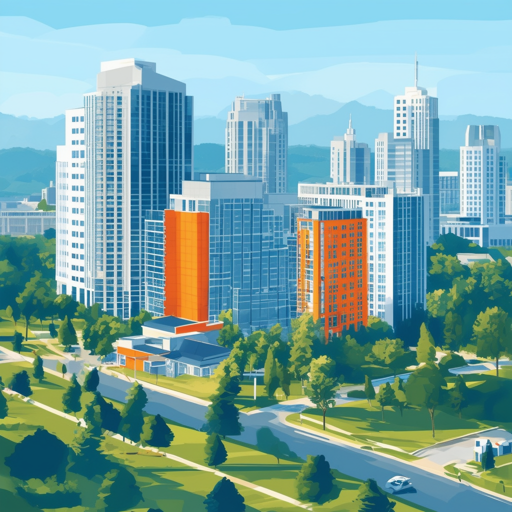 Urban landscape illustration showcasing modern architecture emphasizing locations impact on property values featuring iconic buildings green spaces and vibrant colors: White ffffff Orange ec6707 Blue 1398f8 Dark Gray 595857 Light Gray a6a7a8.