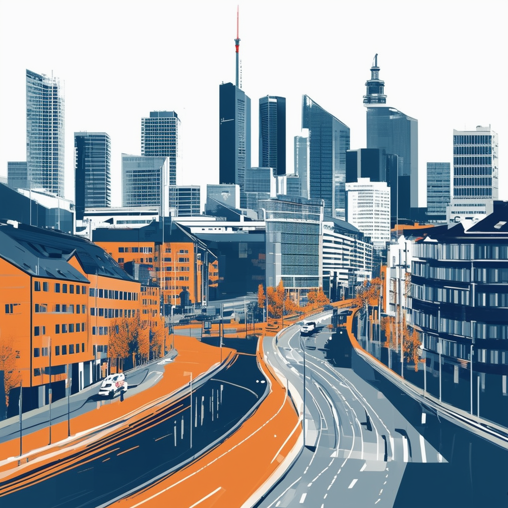 Flachgrafik von Frankfurt Skyline mit Schwerpunkt auf Immobilienmarktbericht - eine dynamische Darstellung von Gebaeuden und Strassen in verschiedenen Entwicklungsstadien unterlegt mit einem subtilen Gradienteneffekt um den veraendernden Landschaftsverlauf