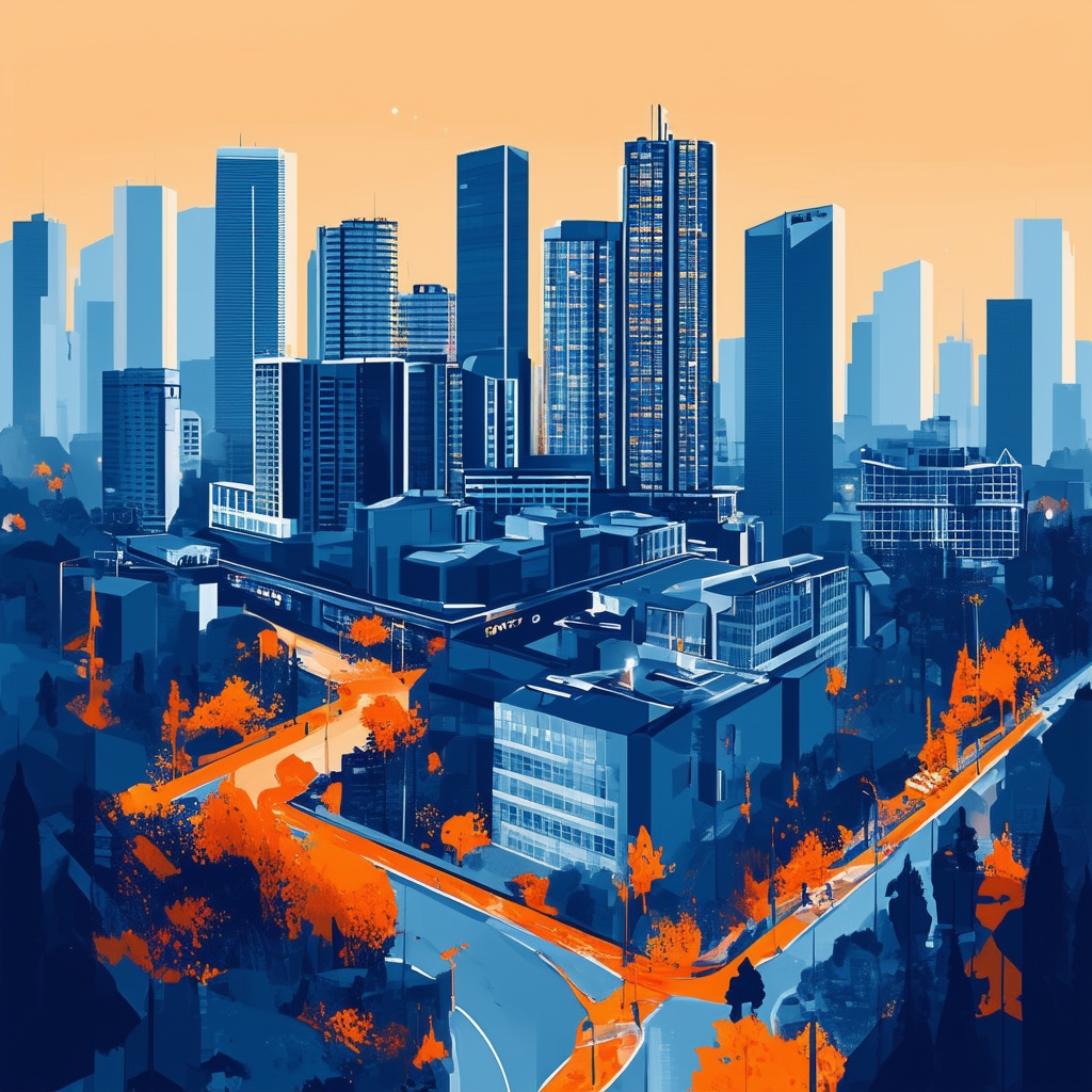 High-quality futuristic cityscape illustration featuring Frankfurt skyline European Central Bank building vibrant streets sleek skyscrapers deep blues 1398f8 oranges ec6707 light gray a6a7a8 dark gray 595857.