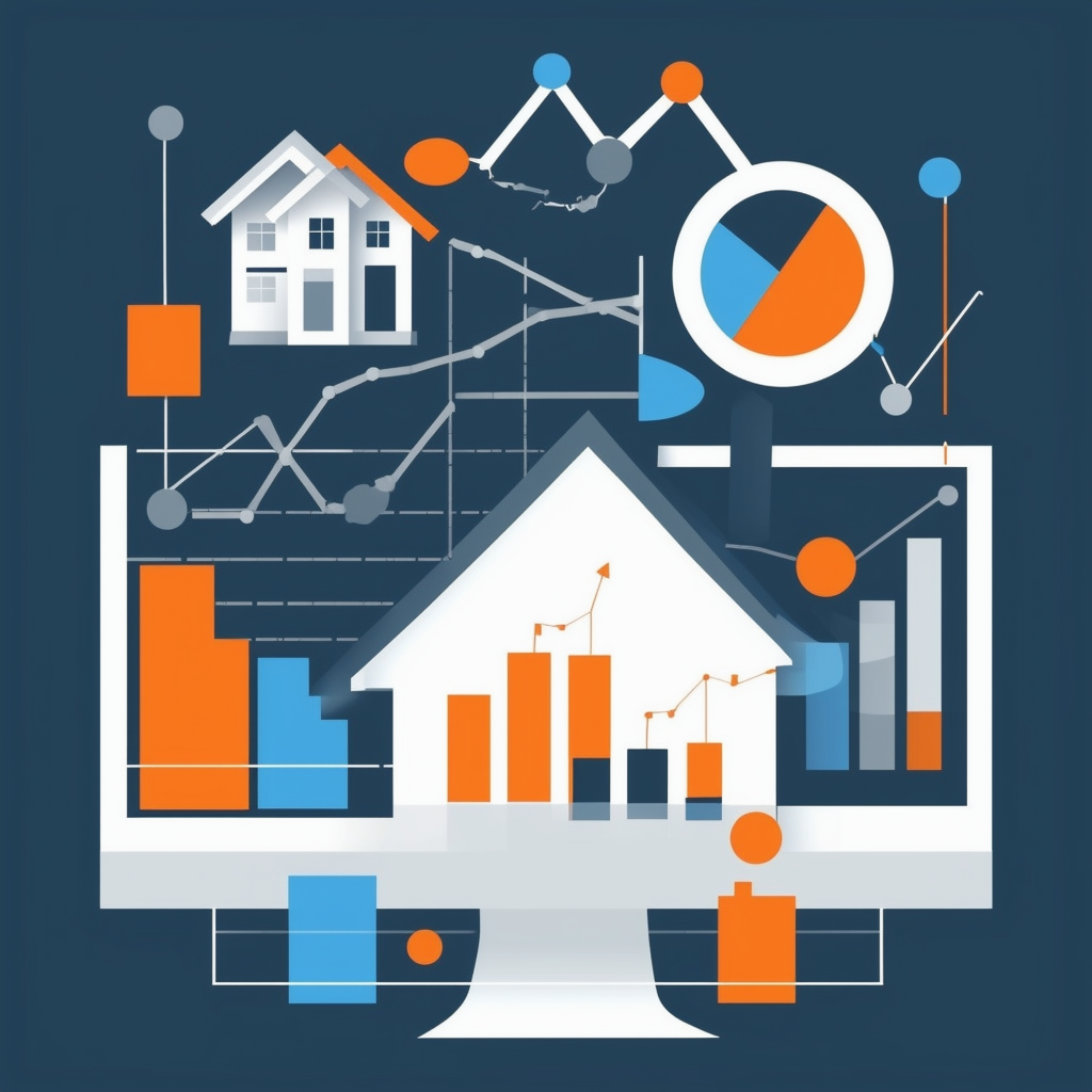 Eine flache Vektorillustration einer Immobilienmarktanalyse mit Diagrammen Grafiken und Datensymbolen in einem professionellen und analytischen Stil. Farbschema: Weiss Orange Blau Dunkelgrau Hellgrau.