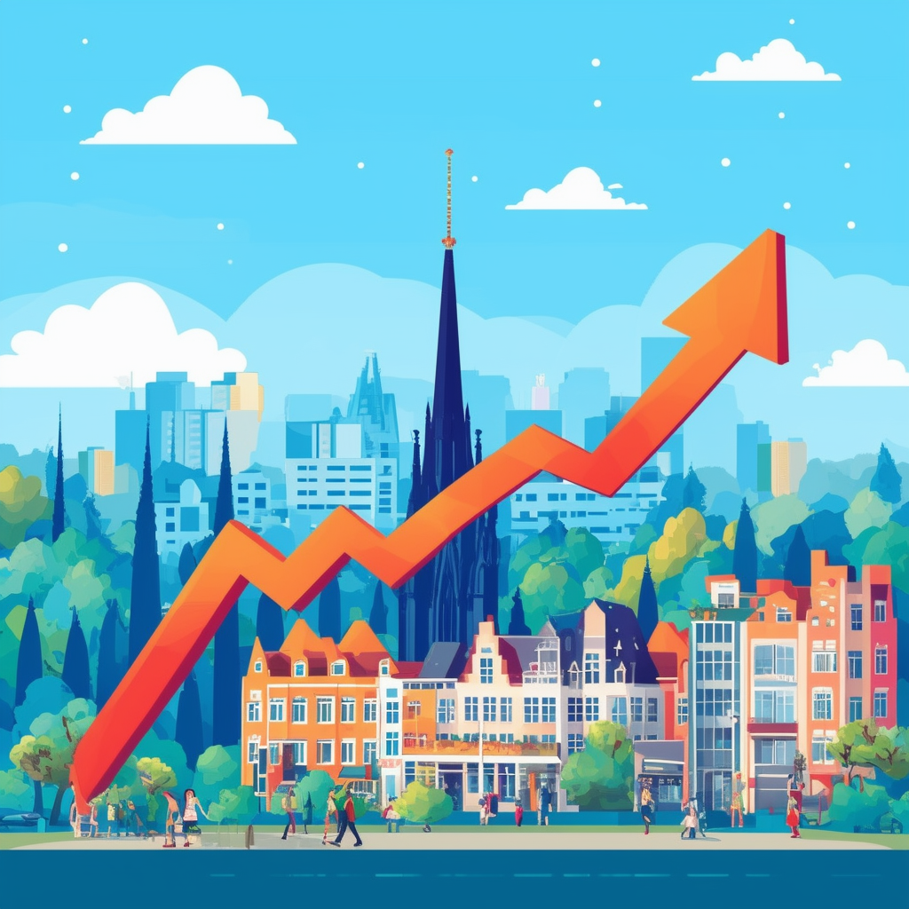 Frankfurts prospering Immobilienmarkt mit steigenden Preisen und hohem Bedarf symbolisiert durch wachsenden Pfeil umgeben von Gebaeuden Baeumen und Menschen gegenueber einem hellblauen Himmel mit weissen Wolken verknuepft mit den Hexfarben 1398f8 ec6707 a6