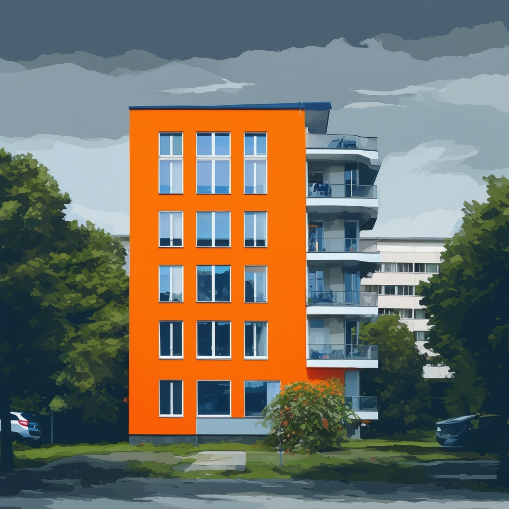 Modern apartment building in Frankfurt am Main featuring a striking orange accent wall white windows and blue roofline set against a dark gray sky surrounded by lush greenery with hex colors: White ffffff Orange ec6707 Blue 1398f8 Dark Gray 595857 Light Gr