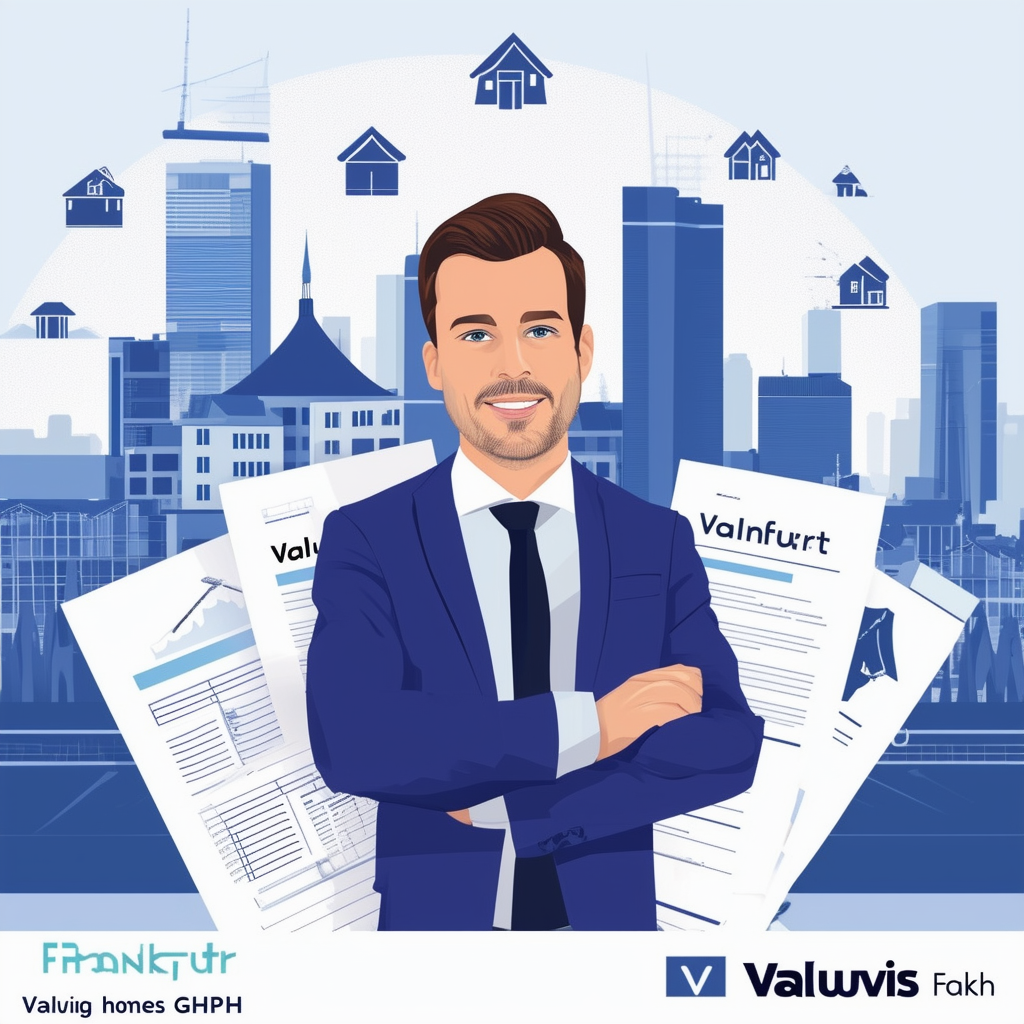 Professional Real Estate Agent Maximilian Ruecker standing in front of Frankfurt skyline surrounded by house icons  documents conveying expertise trustworthiness efficiency in selling homes in Frankfurt Valuvis GmbH logo prominently displayed.