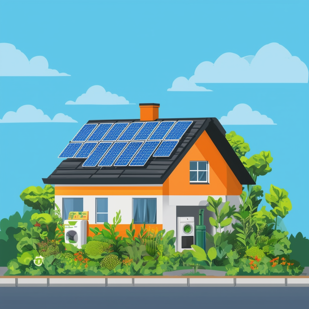 Eco-friendly home with solar panels greenery sustainable appliances surrounded by a calming blue sky symbolizing environmentally friendly living incorporating Hex colors: White ffffff Orange ec6707 Blue 1398f8 Dark Gray 595857 Light Gray a6a7a8.