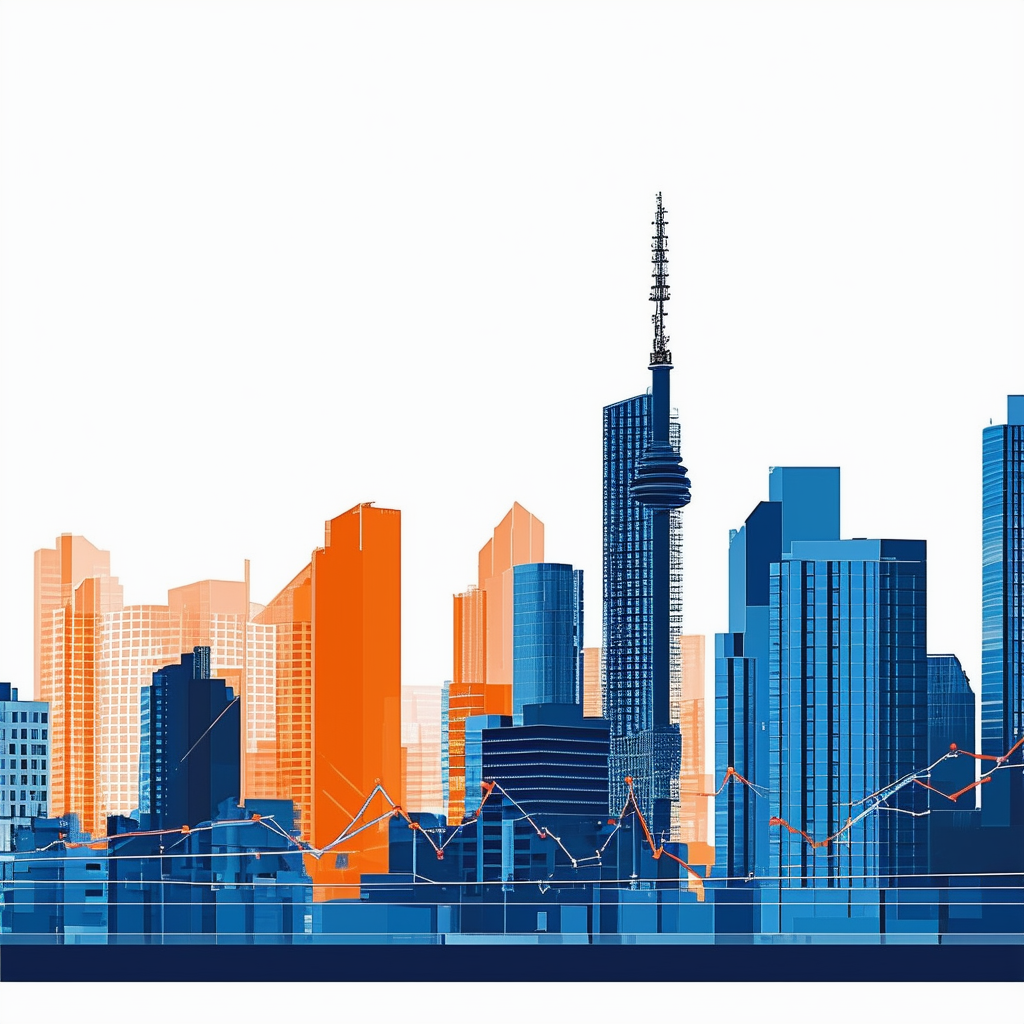 Eine dynamische Stadtlandschaft in Blau Orange und Grautoenen die den schwankenden Immobilienmarkt in Frankfurt darstellt mit einem Preistrendgraphen im Hintergrund.