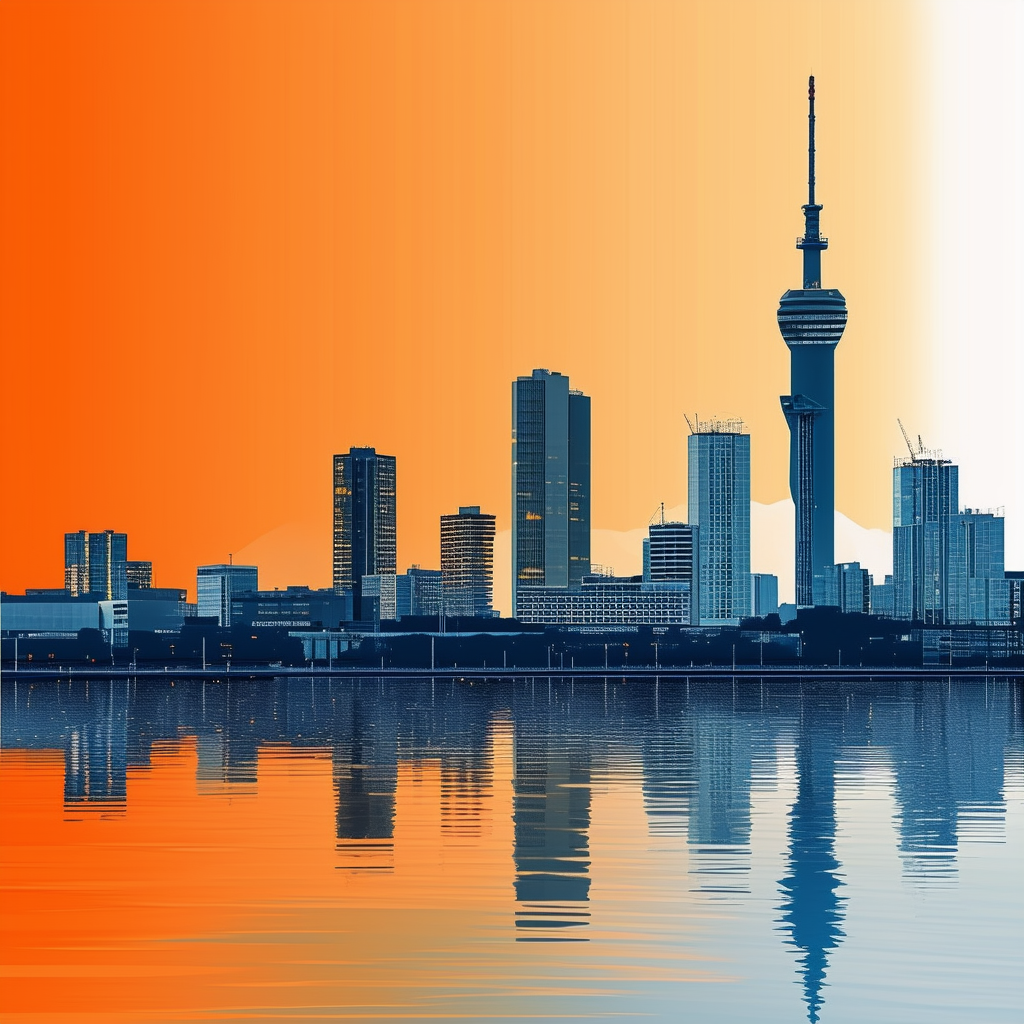 Modern Frankfurt skyline illustration featuring commercial buildings emphasizing industrial property valuation in this financial hub set against a gradient background transitioning from White ffffff to Orange ec6707 accented by Blue 1398f8 Dark Gray 595857