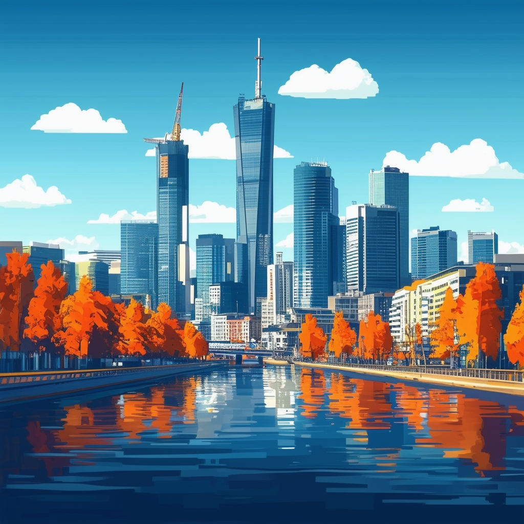 Frankfurter Skyline mit modernen Wolkenkratzern und belebten Strassen blauer Himmel mit weissen Wolken hex Farben: Weiss ffffff Orange ec6707 Blau 1398f8 dunkel Grau 595857 hell Grau a6a7a8.