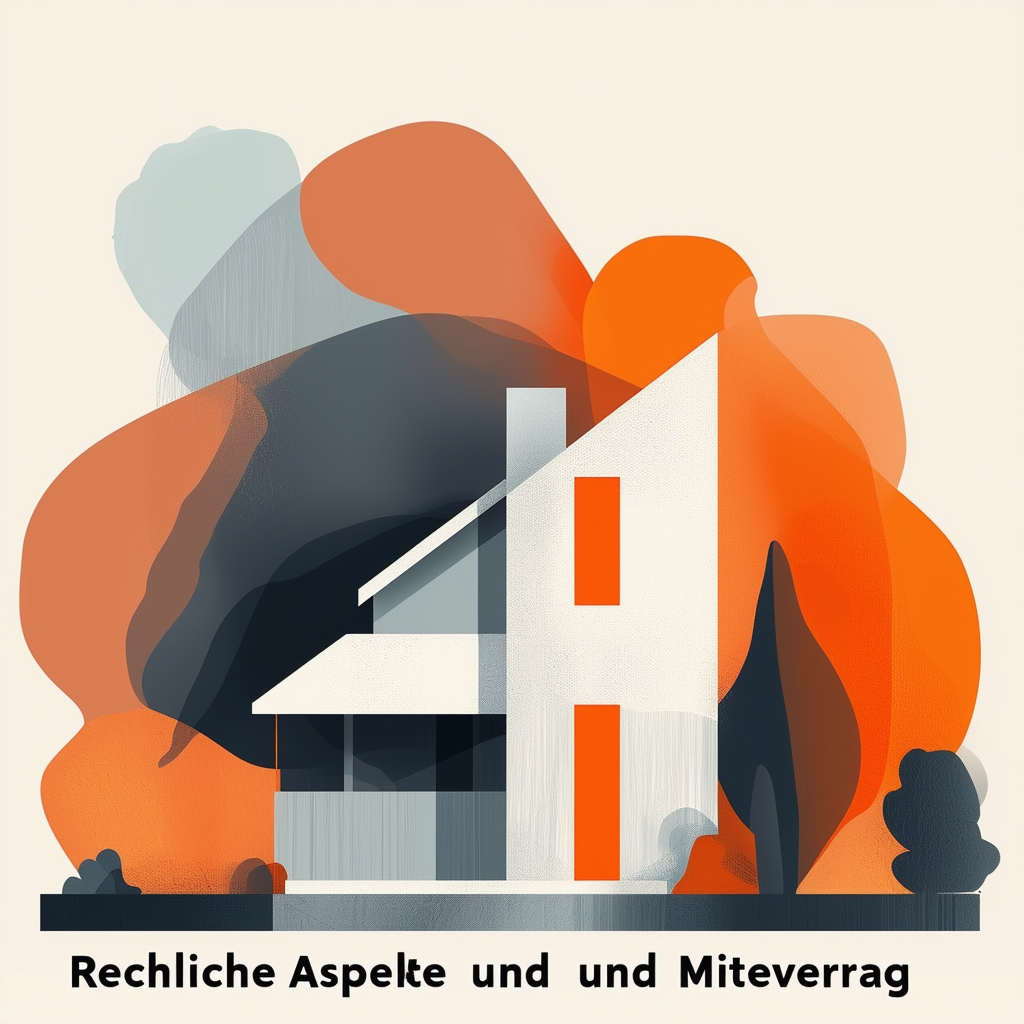 Moderner Haus mit Rechtlichen Aspekten und Mietvertrag: Eine flache Vektor-Illustration eines modernen Hauses mit einem subtilen Gradienteneffekt umgeben von abstrakten Formen und Linien die den Thema Rechtliche Aspekte und Mietvertrag Legal aspects and re