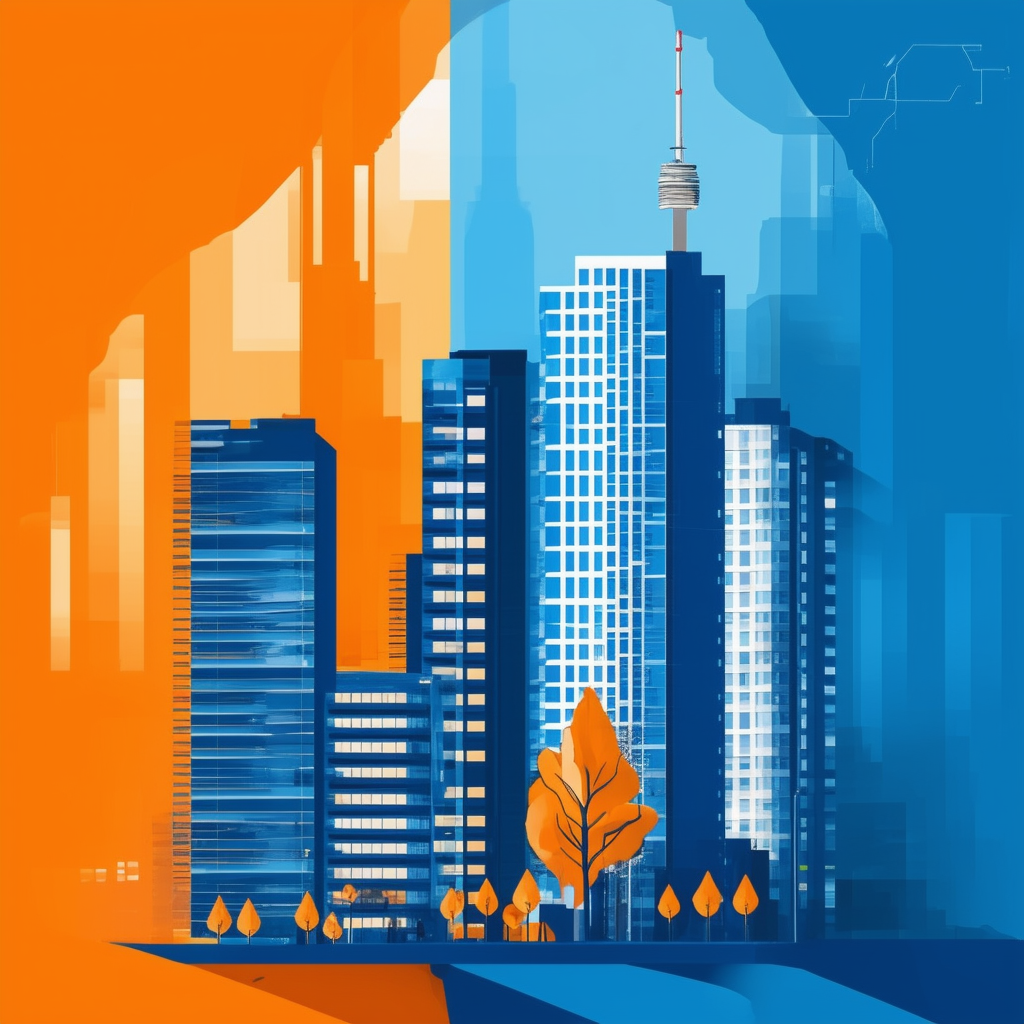 High-quality visually appealing flat vector illustration showcasing Frankfurts commercial property market trends highlighting office space demand and supply dynamics amidst changing economic conditions. Featuring prominent real estate players like Valuvis