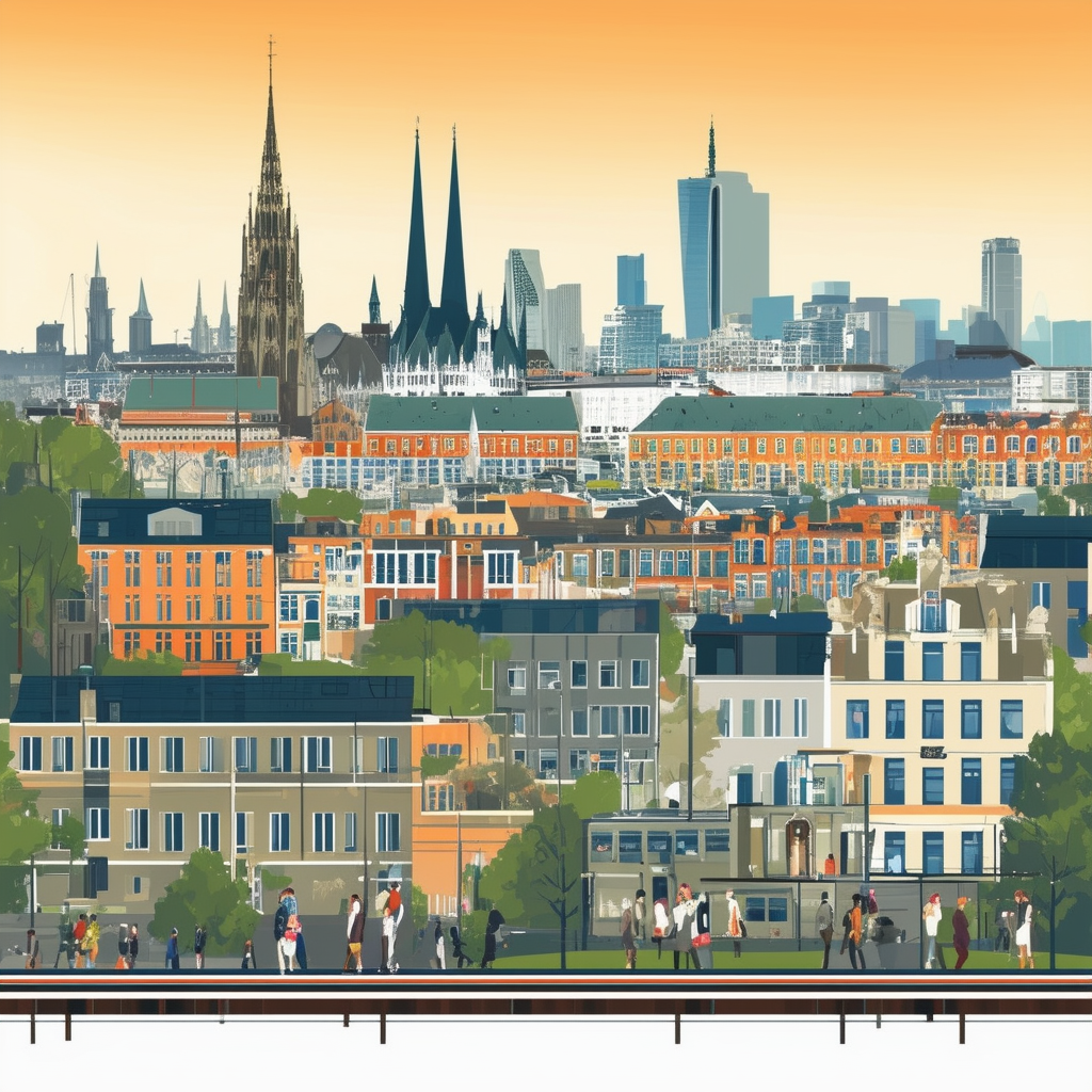 Modern Frankfurt skyline diverse housing types people from various cultures and professions urban landscape with green spaces public transportation mix of old and new architecture incorporating Hex colors: White ffffff Orange ec6707 Blue 1398f8 Dark Gray 5