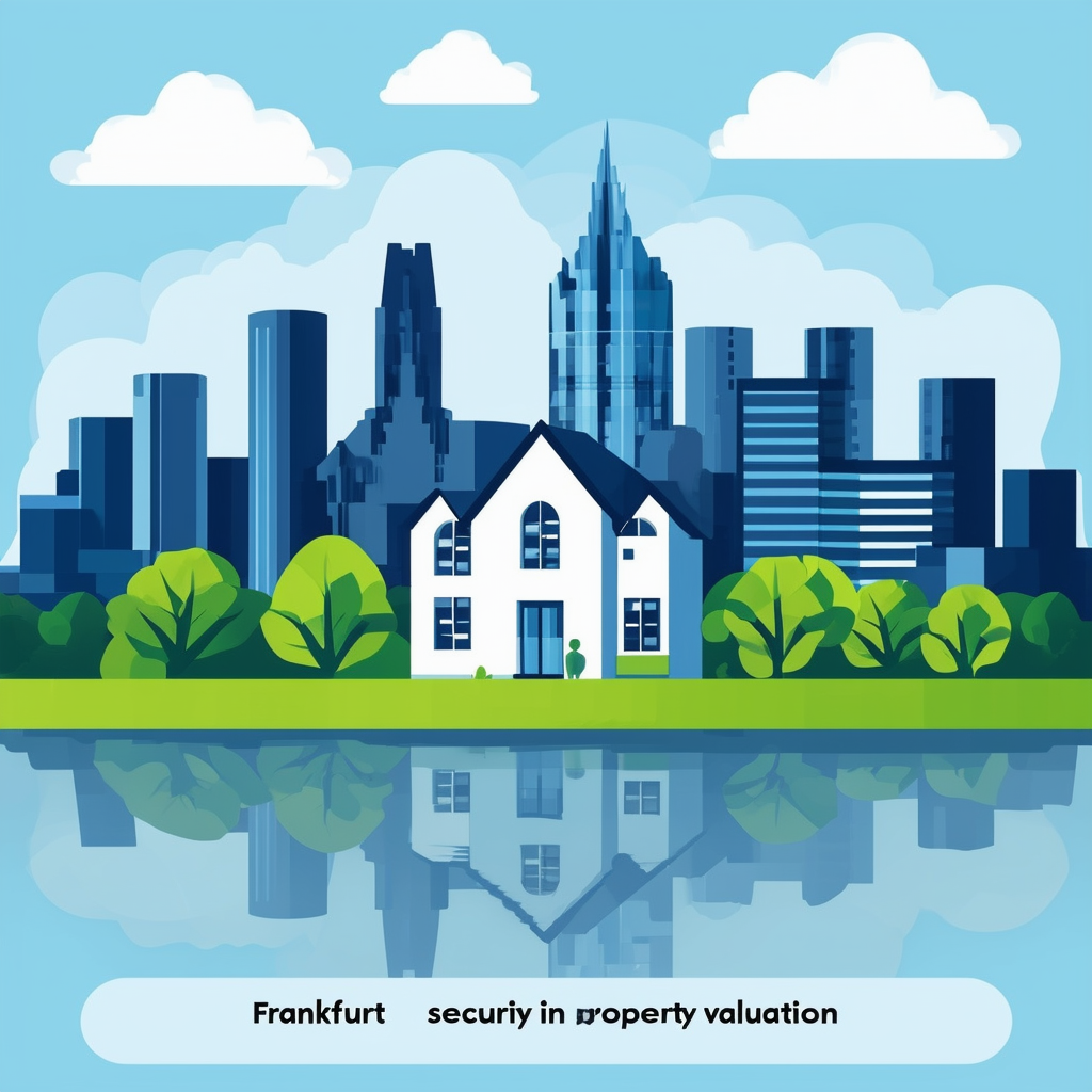 Professional Property Valuation Illustration: Frankfurt Skyline with House Icon at Center Surrounded by Greenery and Clouds Conveying Accuracy Security Hex Colors ec6707 1398f8 595857 a6a7a8 ffffff.