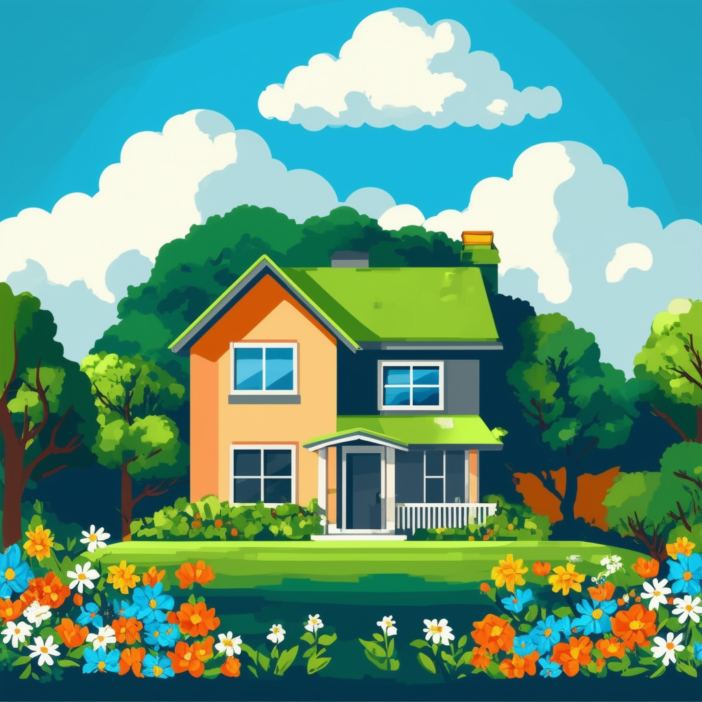 Cozy home surrounded by lush greenery symbolizing growth stability and harmony set against a bright blue sky with white clouds featuring hex colors: White ffffff Orange ec6707 Blue 1398f8 Dark Gray 595857 Light Gray a6a7a8.