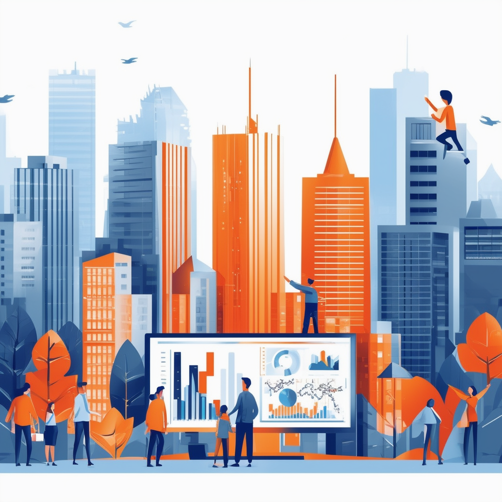 Eine moderne Stadtlandschaft mit aufragenden Hochhaeusern und Menschen die Immobilienmodelle und -diagramme untersuchen symbolisiert den dynamischen Immobilienmarkt. Farbpalette: Weiss Orange Blau Dunkelgrau Hellgrau.