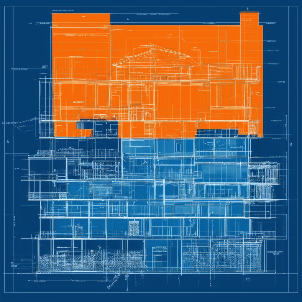 Architektonischer Entwurf mit verschiedenen Elementen hervorgehoben in verschiedenen Farben: Weiss ffffff als Hintergrund Orange ec6707 fuer energieeffiziente Merkmale Blau 1398f8 fuer historischen Wert dunkelgrau 595857 fuer Baumaterialien und hellgrau a6