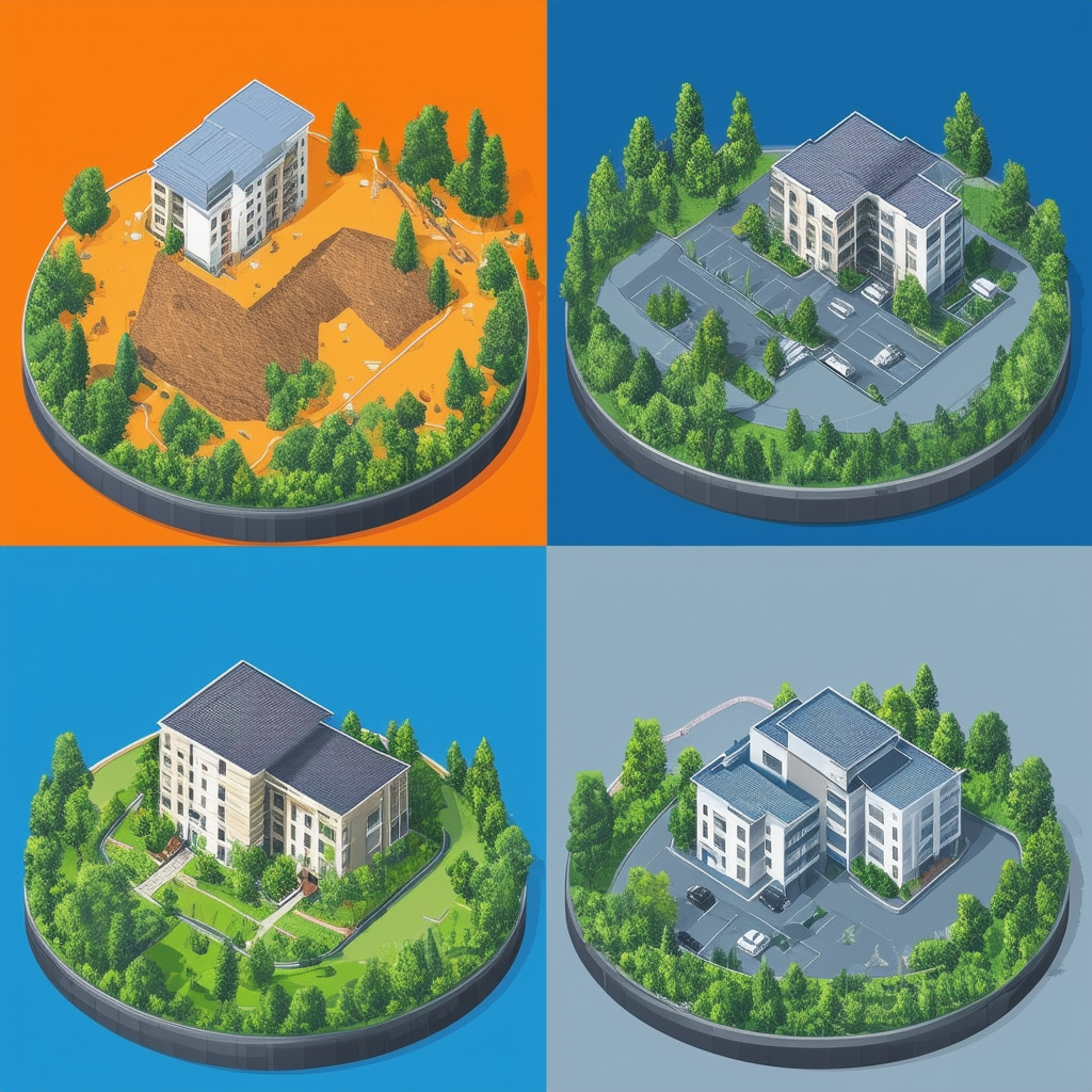 Flache Vektorillustration verschiedener Grundstueckstypen - unbebautes Land bebaute Flaechen zukuenftige Entwicklungsflaechen und vollstaendig erschlossene Grundstuecke in ausgewogener Farbpalette.