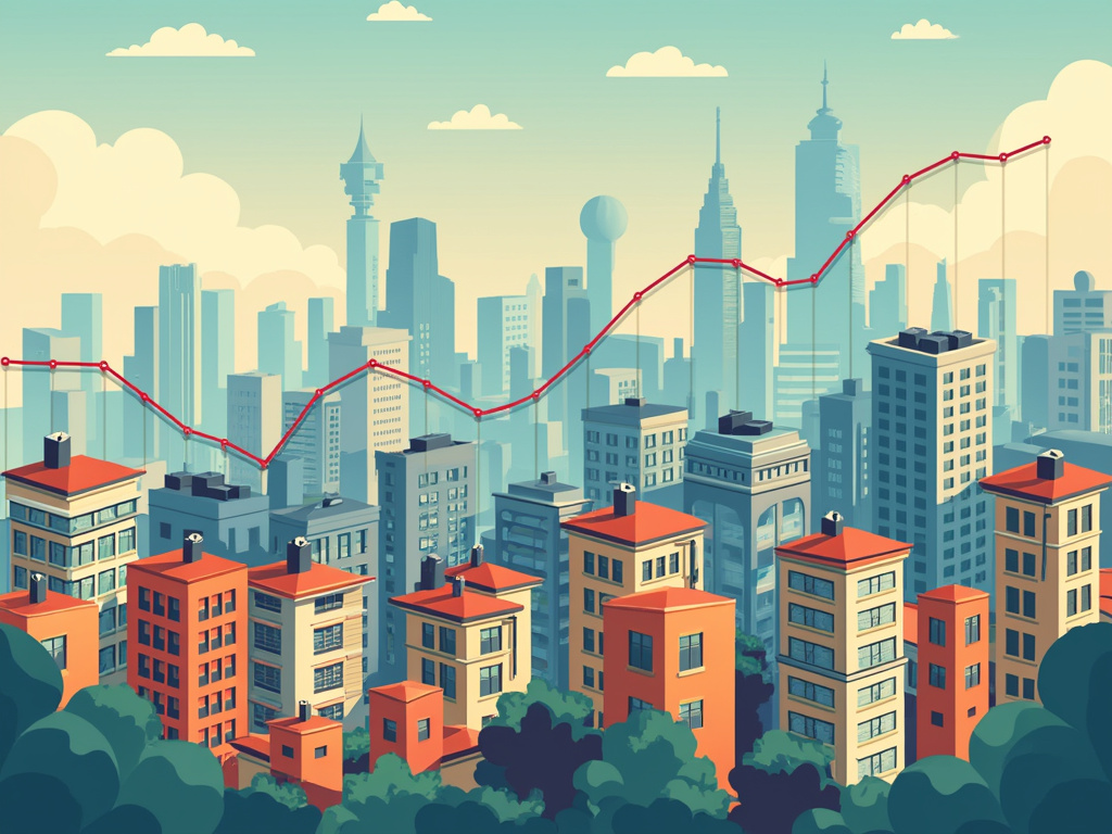 Alt Text: Moderne Stadtlandschaft mit steigenden Immobilienpreisen regionale Unterschiede und analytische Grafiken in dynamischen Farben.