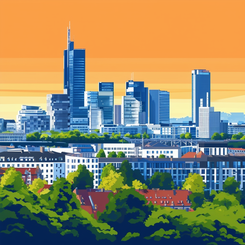 Modern Frankfurt Skyline with Iconic Building: Bright Colors Greenery Urban Oasis - White ffffff Orange ec6707 Blue 1398f8 Dark Gray 595857 Light Gray a6a7a8